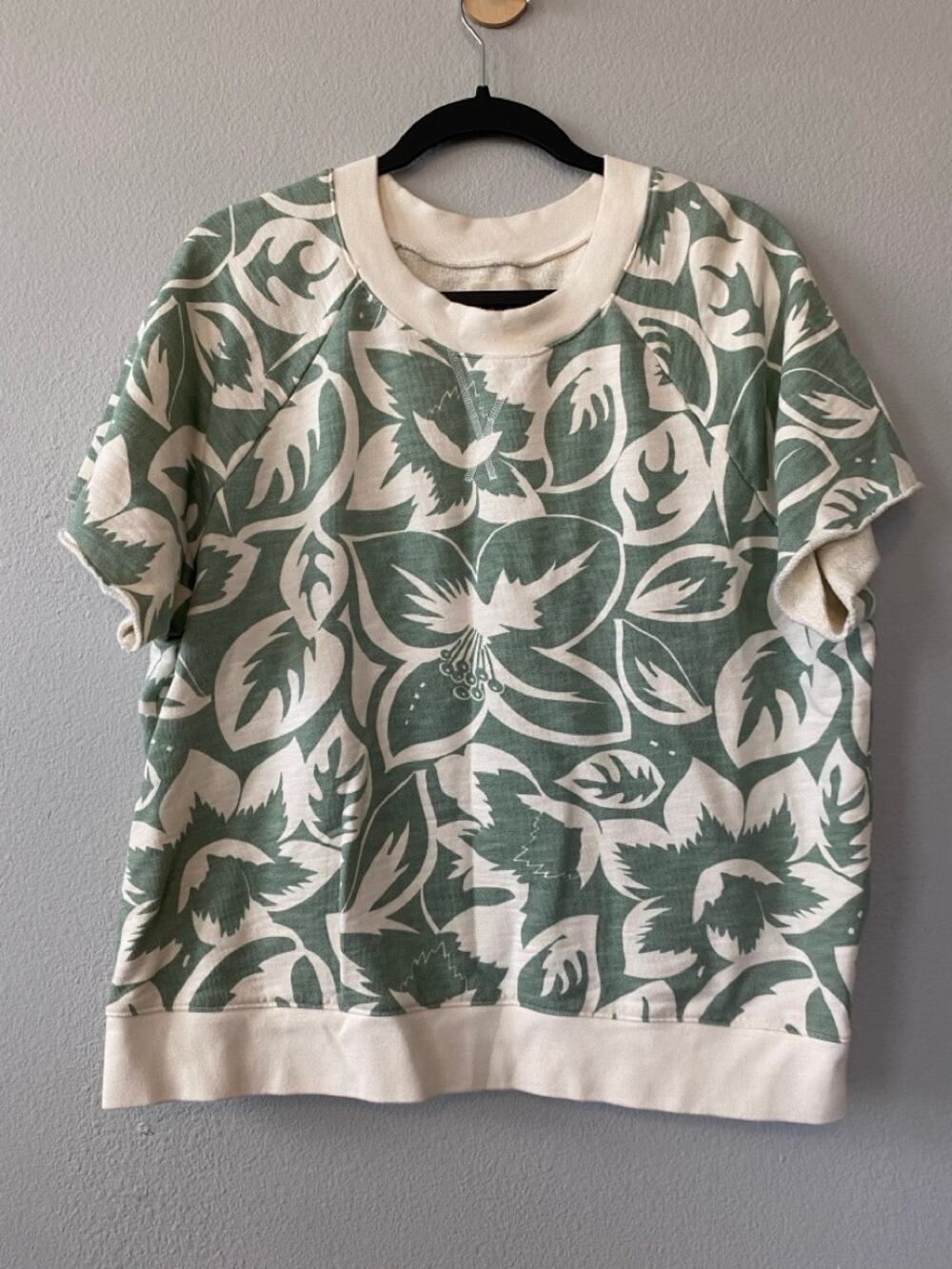 Madewell MWL Womens XL Floral Short Sleeve Sweatshirt Green Cream Floral Print